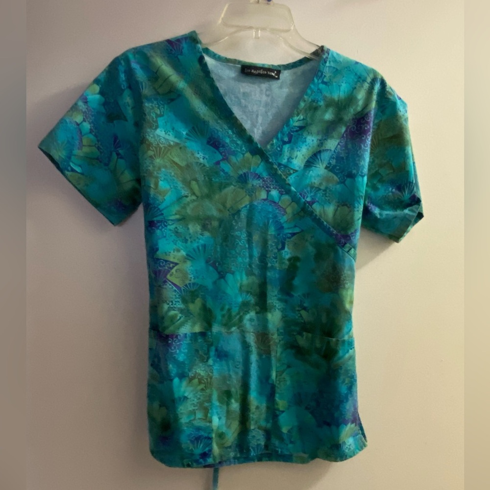 Los Angeles Rose Inc Womens Scrub Smock Top Shirt L Large Blue Green Print
